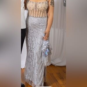 Silver Sequin Gown with Beaded Clutch
